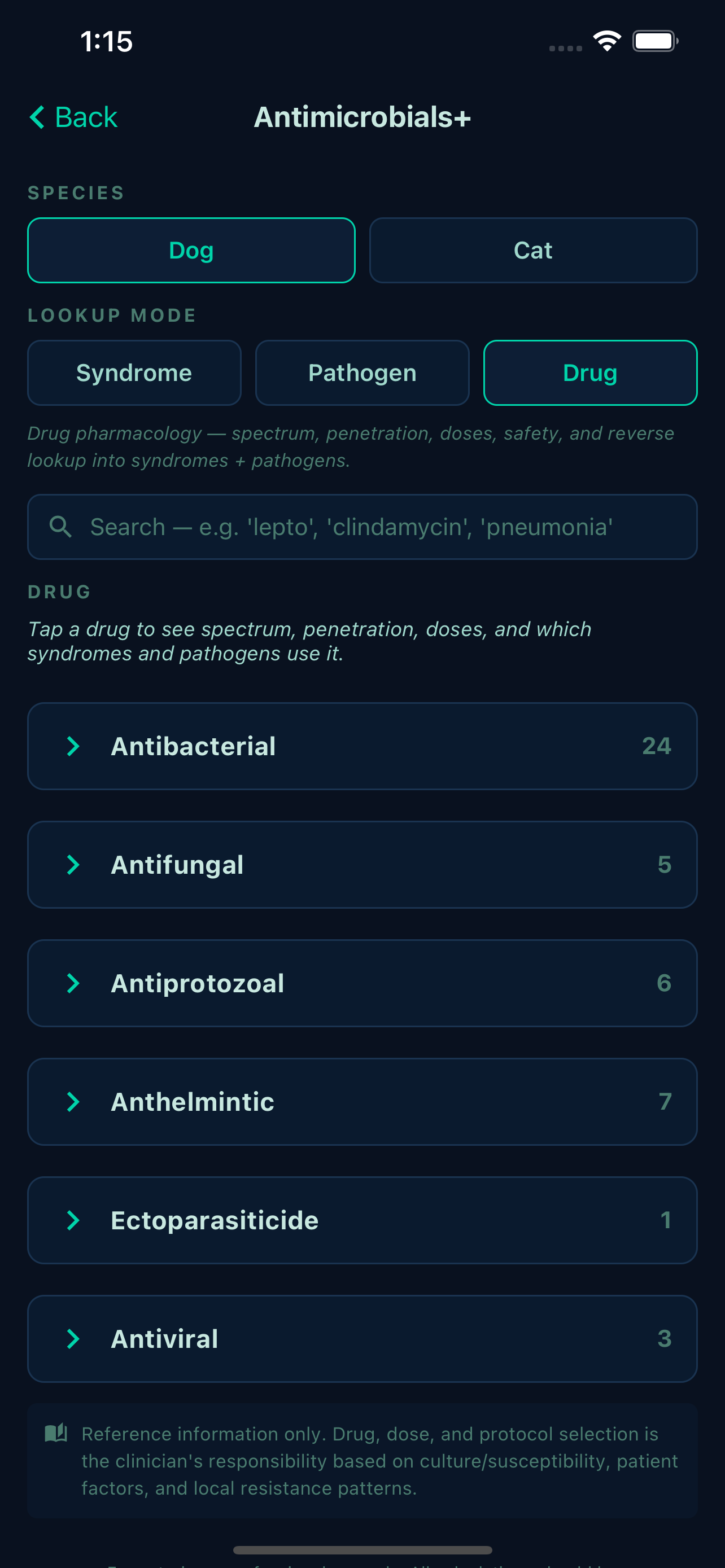 Antimicrobials+ reference with syndrome, pathogen, and drug lookup modes