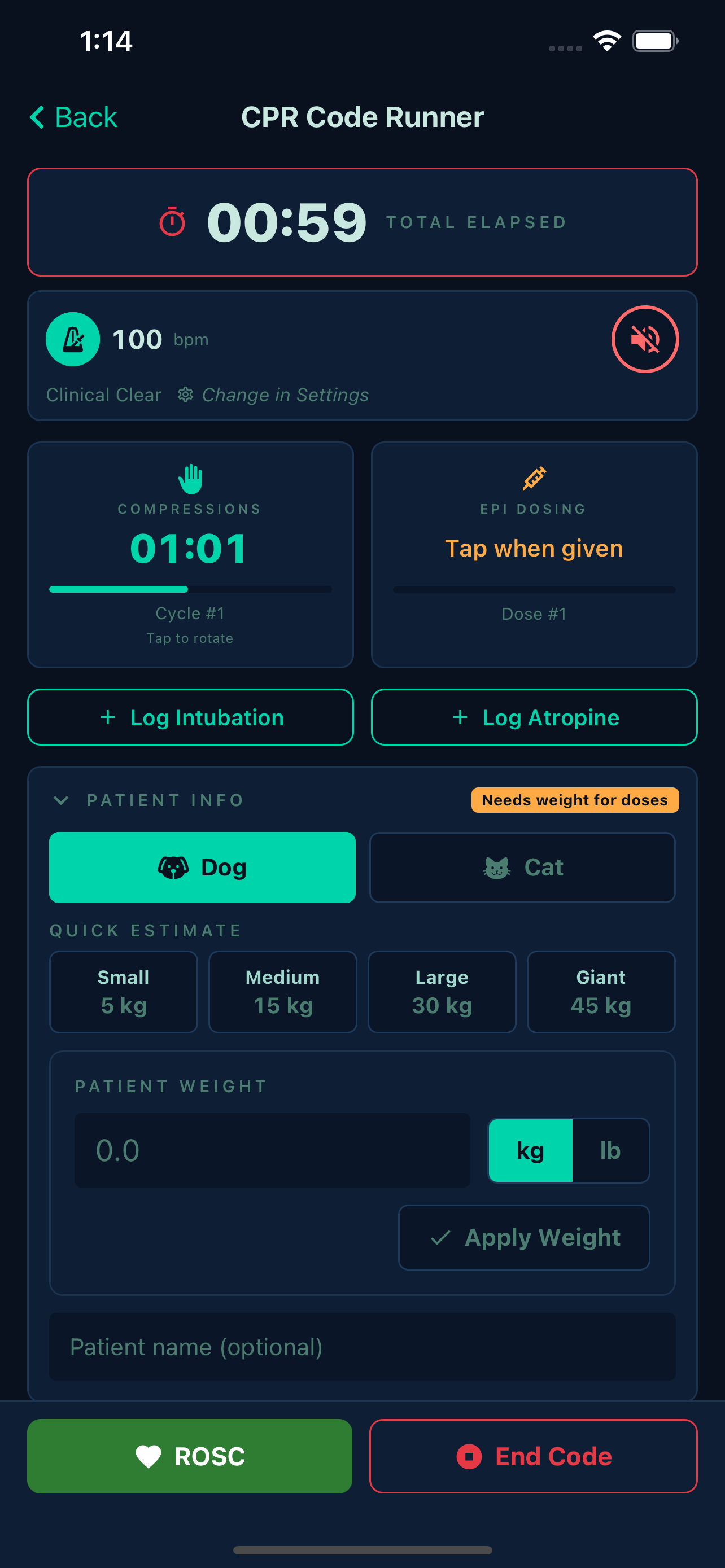 CPR Code Runner mid-code: elapsed timer, 100 bpm compression metronome, cycle timer, and medication logging