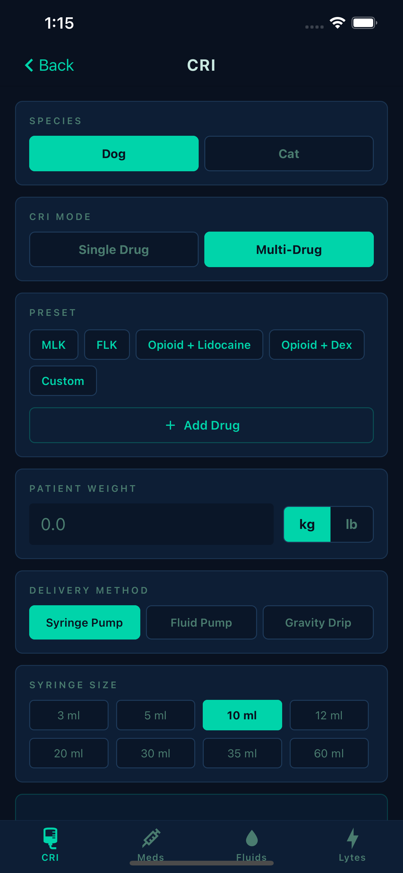 Multi-drug CRI setup: species, presets, patient weight, delivery method, and syringe size