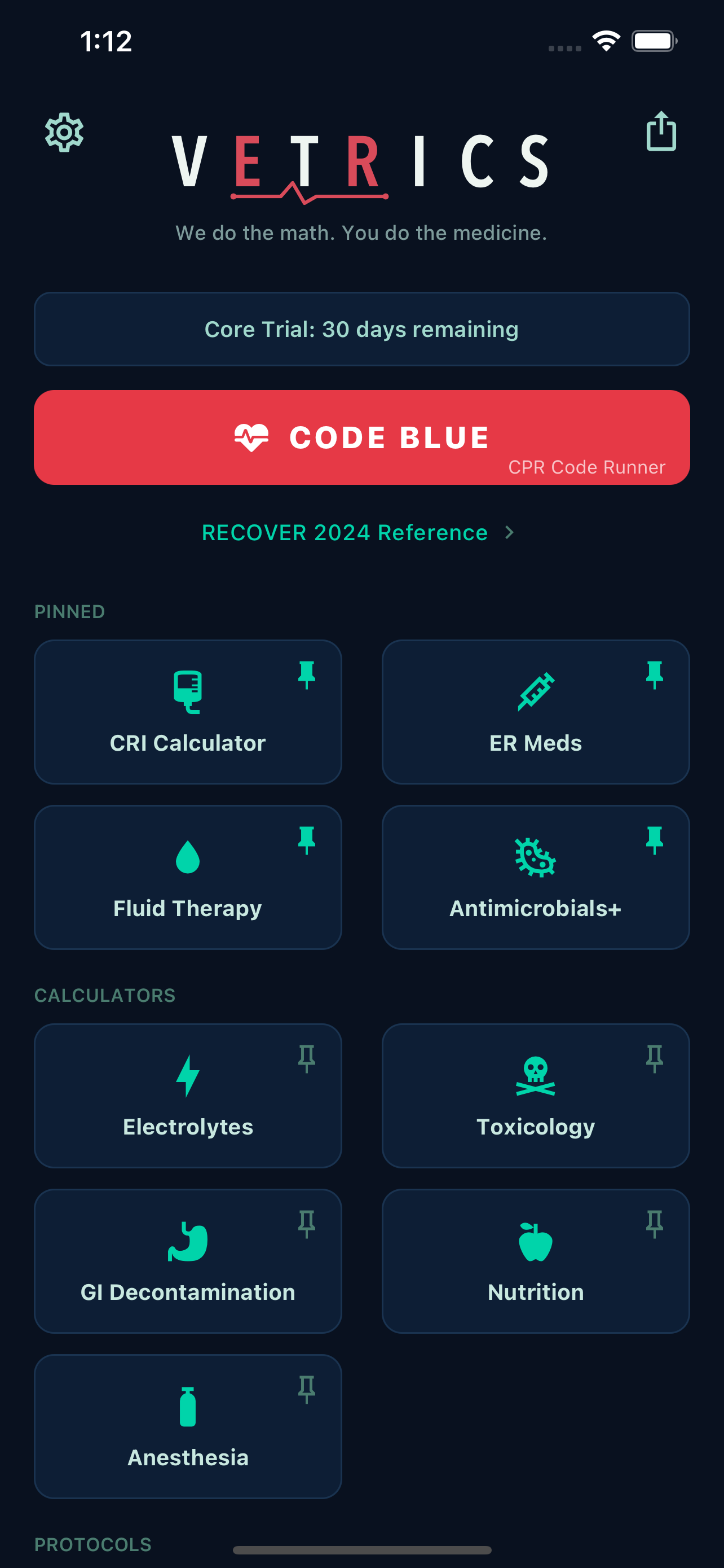 Vetrics home screen: Code Blue CPR Code Runner, pinned CRI, ER Meds, Fluid Therapy, and Antimicrobials+ calculators