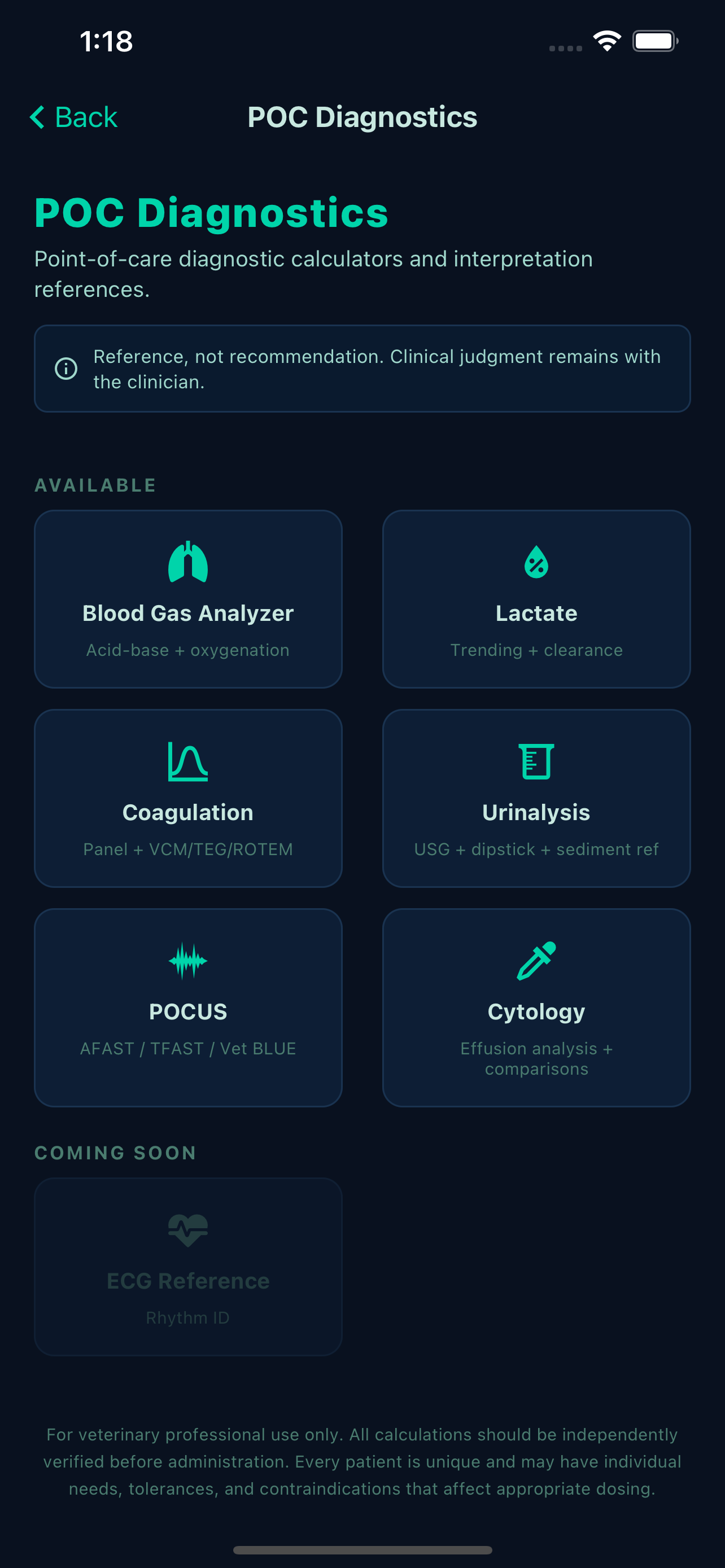 POC Diagnostics: blood gas, lactate, coagulation, urinalysis, POCUS, and cytology references